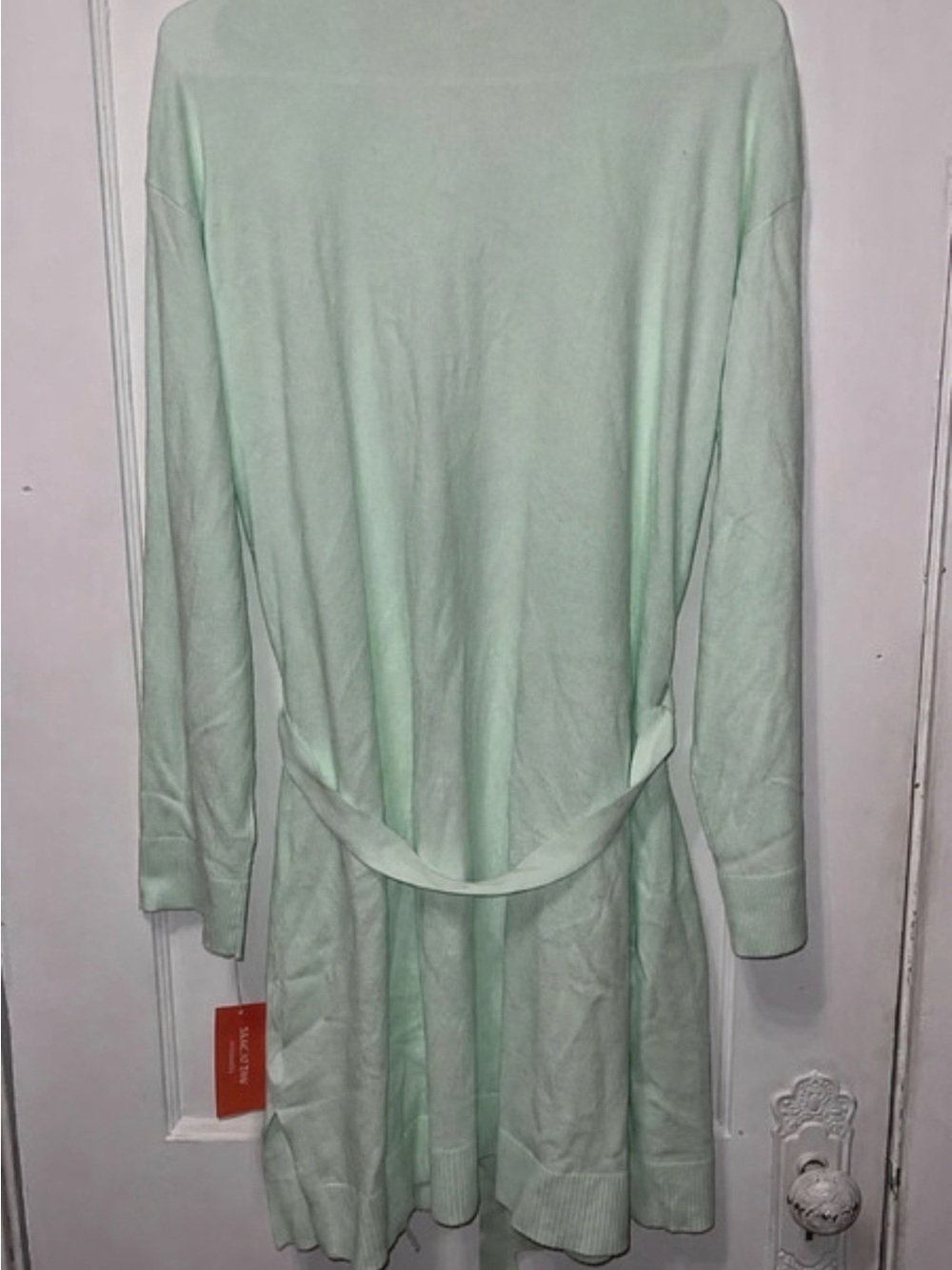 Light Mint Open-Front Robe with Belt and Pockets - Picture 2 of 3